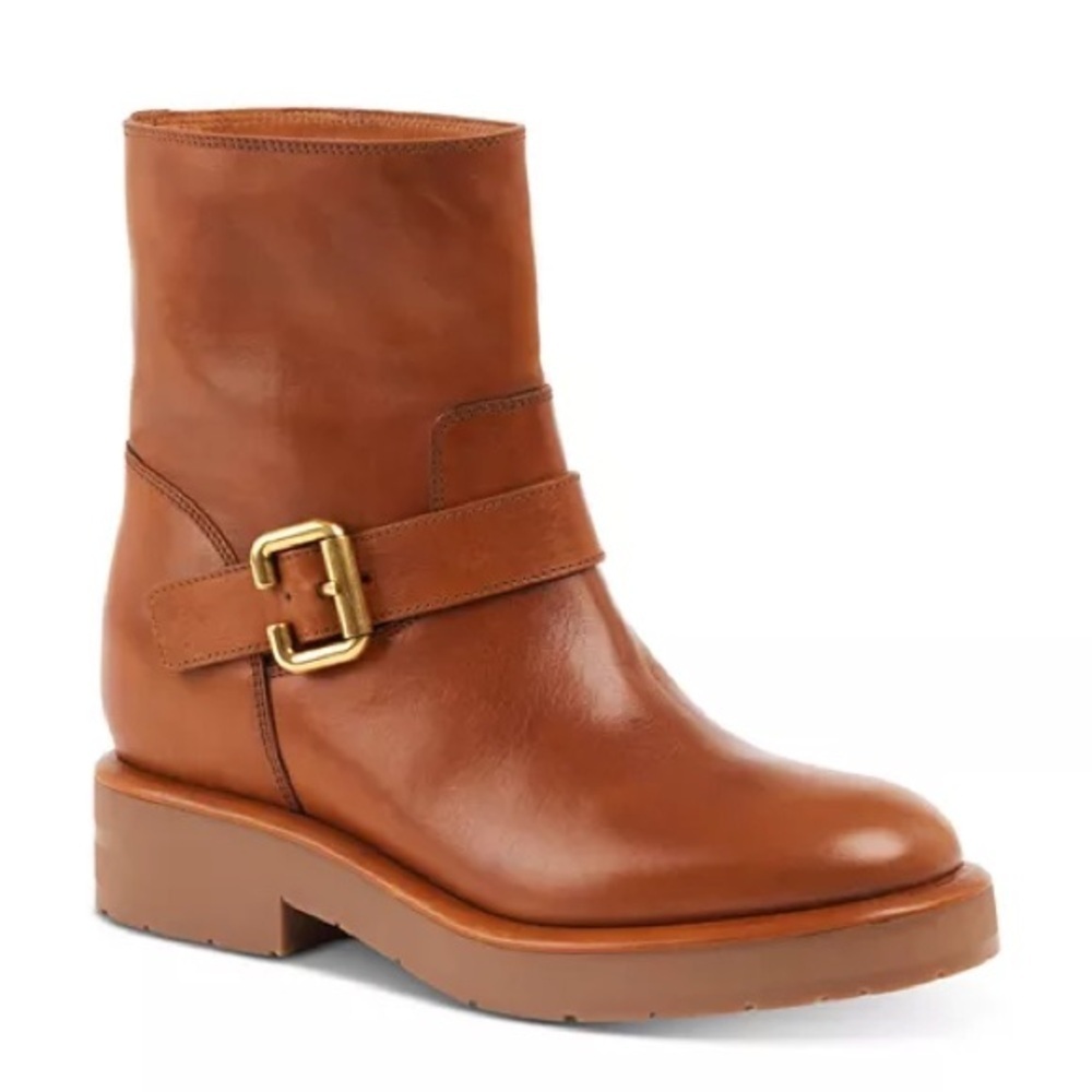 NIB Chloe Coddington Biker Ankle Boots C Buckle Ginger Brown Designer Sz 39.5